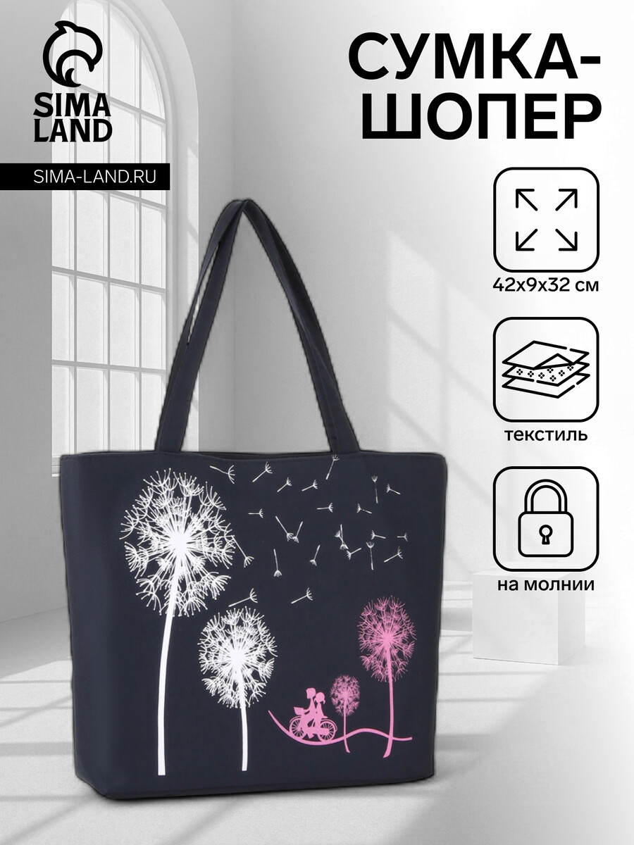 

Сумка-шопер на молнии, с принтом dandelion, черная/белая, Черный