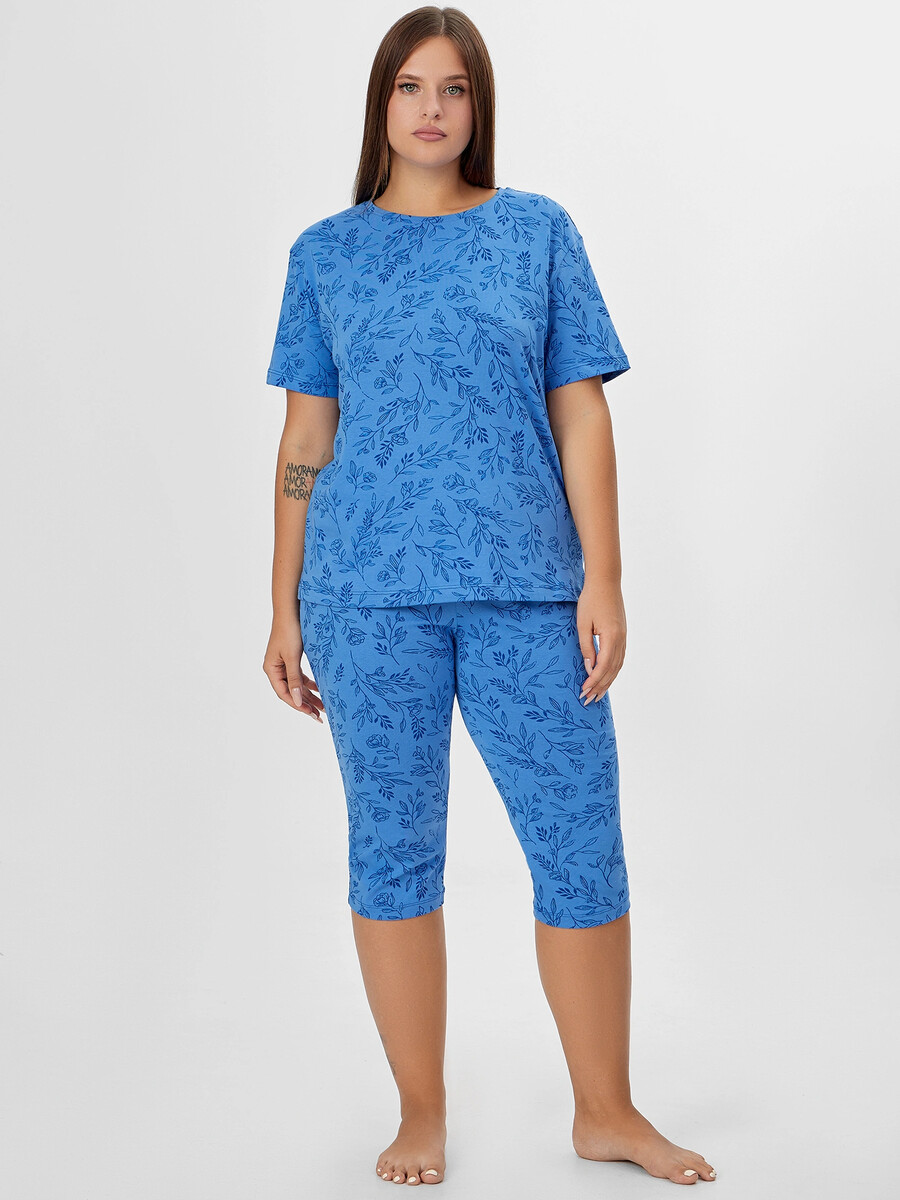 

Комплект домашний женский синий с растительным принтом, Голубой;веточки на лазурном