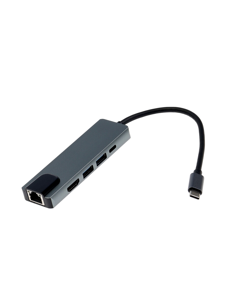 

Type-c-разветвитель (hub), hdmi/usb3.0/usb3.0/rj45/pd, 60 вт, 3 а, кабель 13.5 см, серый