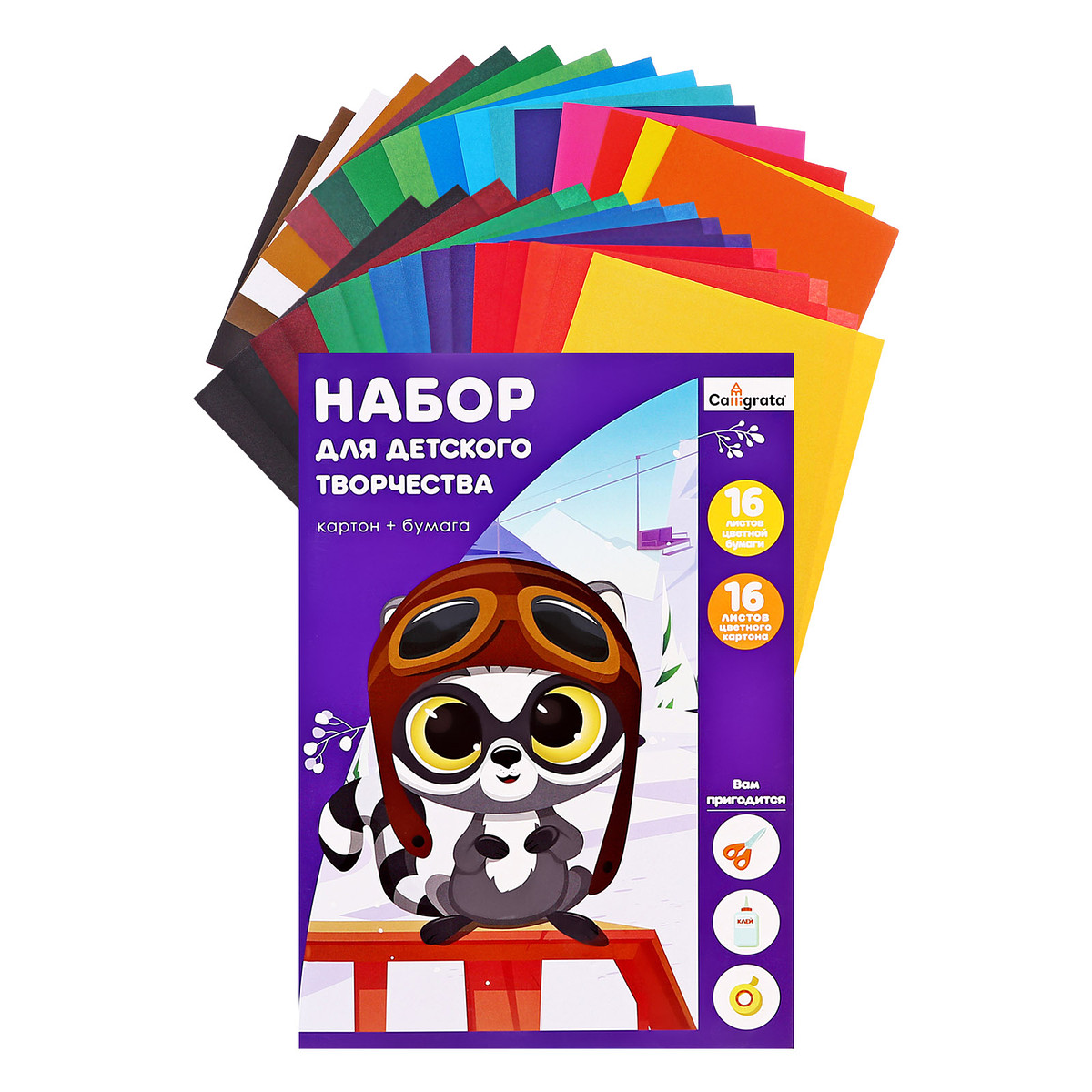 

Набор для детского творчества а4, 16 листов, 16 цветов картон цветной немелованный, односторонний, 200 г/м² + 16 листов, 16 цветов бумага цветная двусторонняя, газетная, в папке, Микс