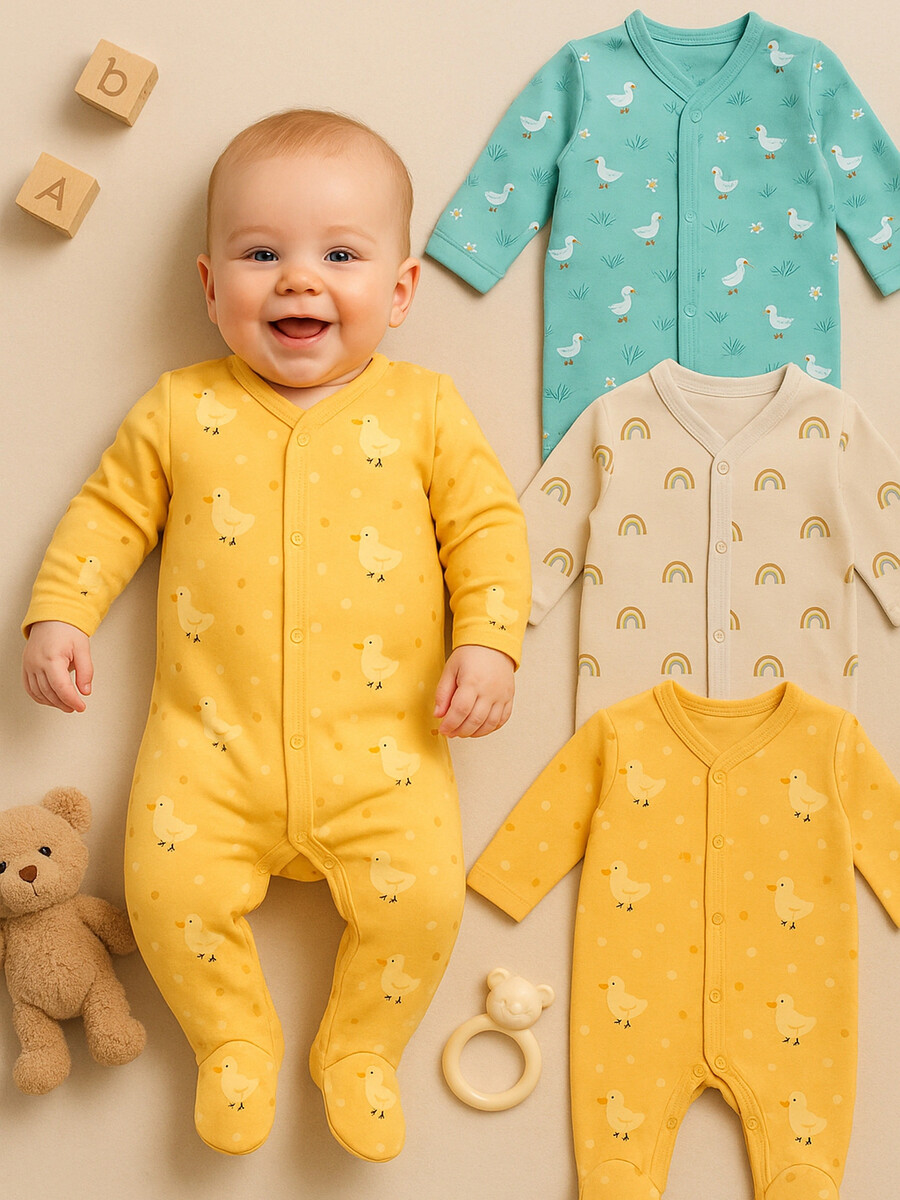 

Комбинезон детский в наборе, 3 шт, Бирюзовый;оранжевый;уточки на оранжевом +уточки на бирюзе +радуга на льне