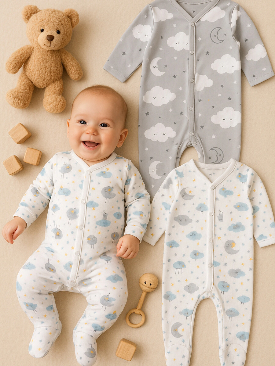 

Комбинезон детский (2шт.), Белый;серый;звездные коалы на белом +облака на сером