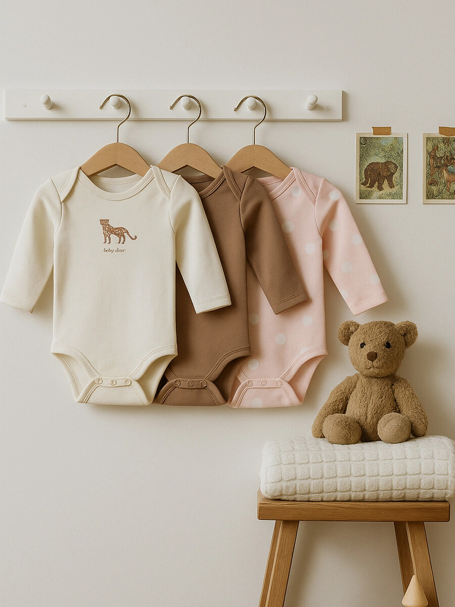 

Боди детское в наборе, 3 шт, Бежевый;коричневый;розовый;горохи на св.розовом +молочный +имбирный