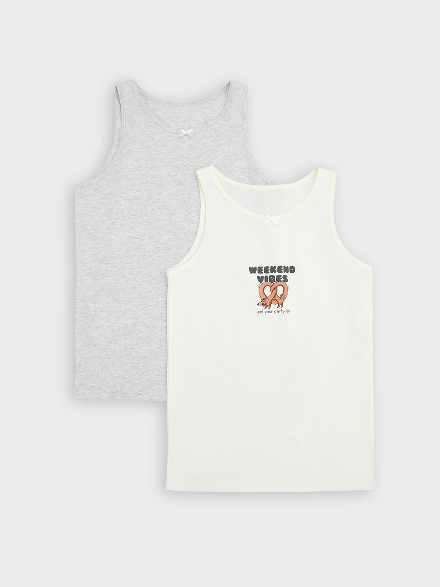 

Топ для девочек (2шт), Серый;св.молочный +серый меланж 43606-а +печать