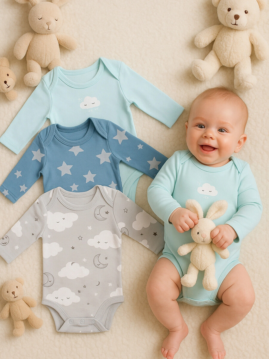 

Боди детское в наборе, 3 шт, Голубой;голубой +облака на сером +звезды на сине -сером