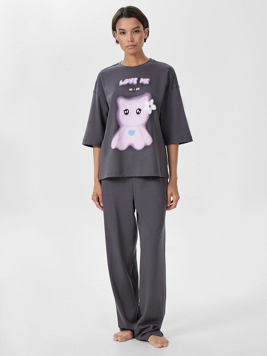 

Комплект домашний серый с принтом, Серый;черно -серый +печать