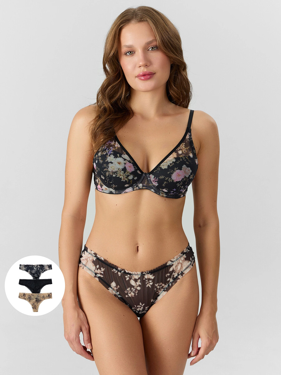 

Трусы бразилиана женские в наборе, 3 шт, Бежевый;черный;молочный цветочный принт на черном