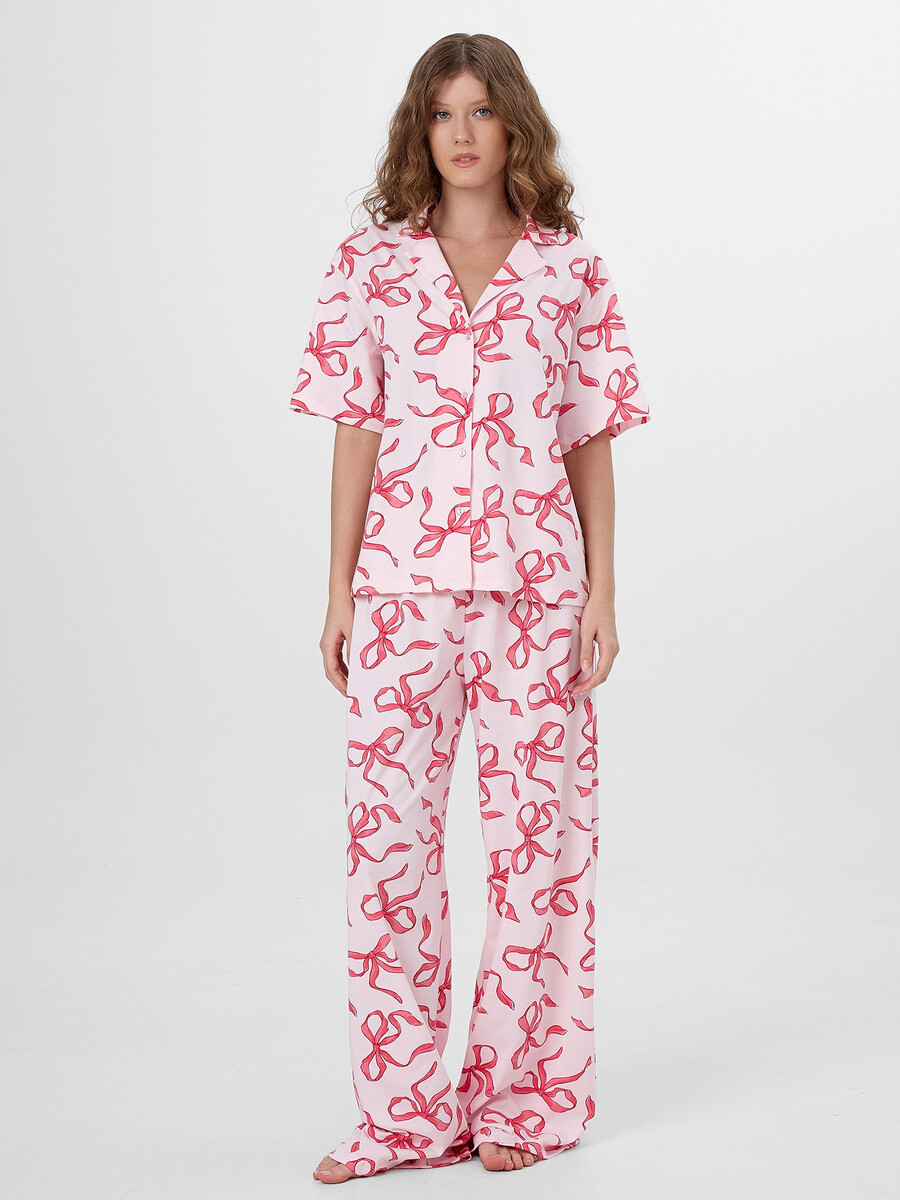 

Комплект домашний женский розовый с бантиками, Белый;бантики на вишневом