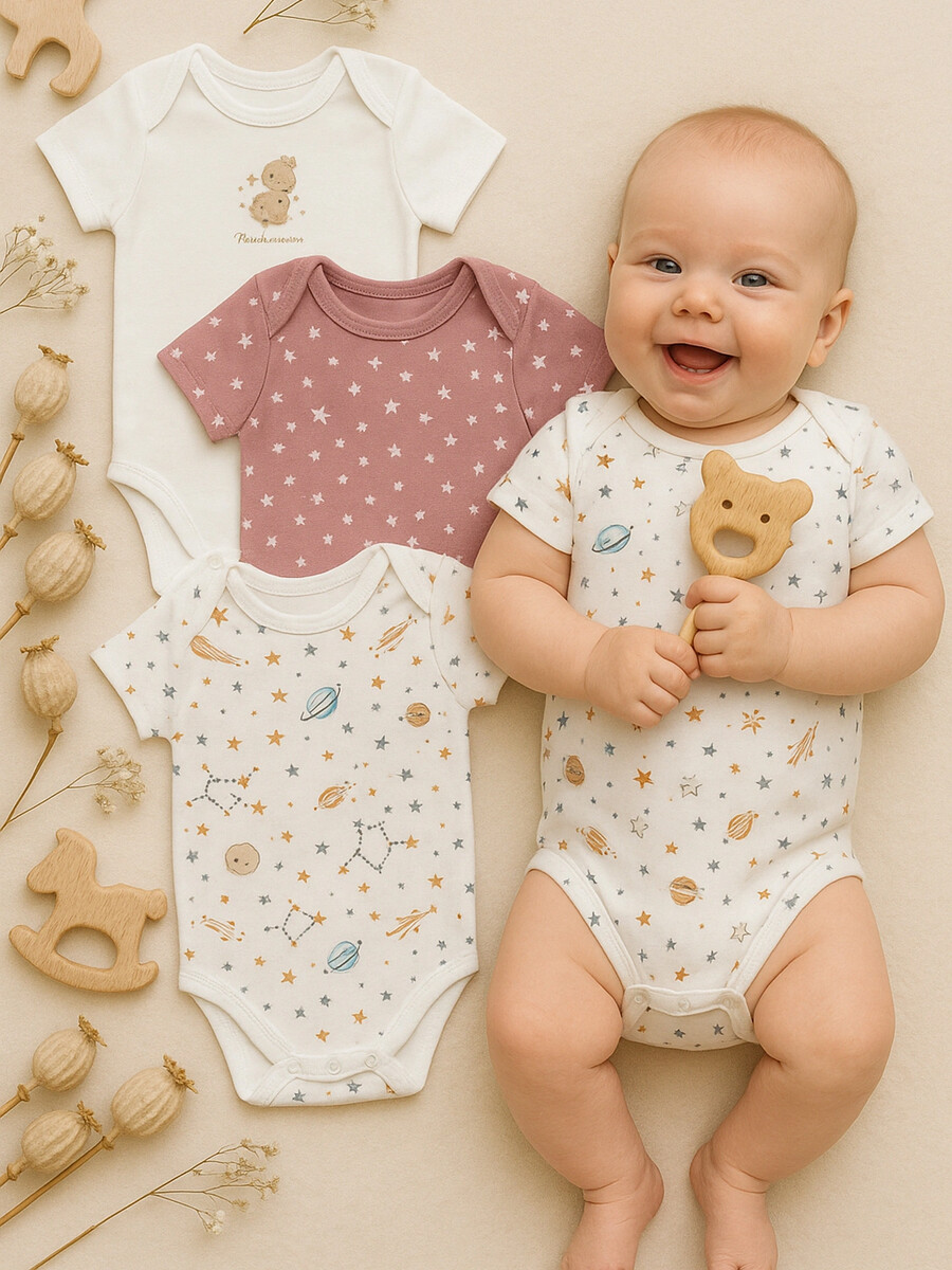 

Боди детское в наборе, 3 шт, Белый;розовый;белый +космос на белом +звезды на кристальной розе