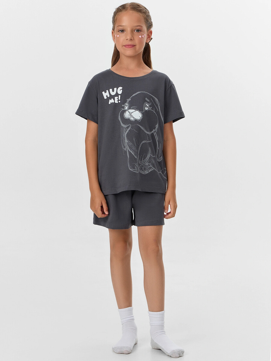 

Комплект домашний для девочек серый с принтом и надписью, Серый;железо +печать