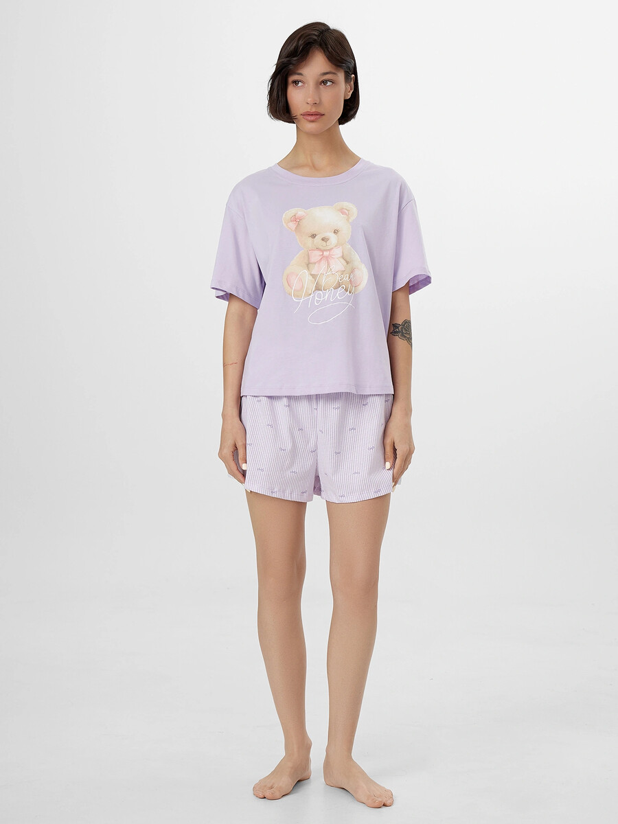 

Комплект домашний женский с принтом и надписью, Фиолетовый;св.лиловый +бантики на лиловой полоске
