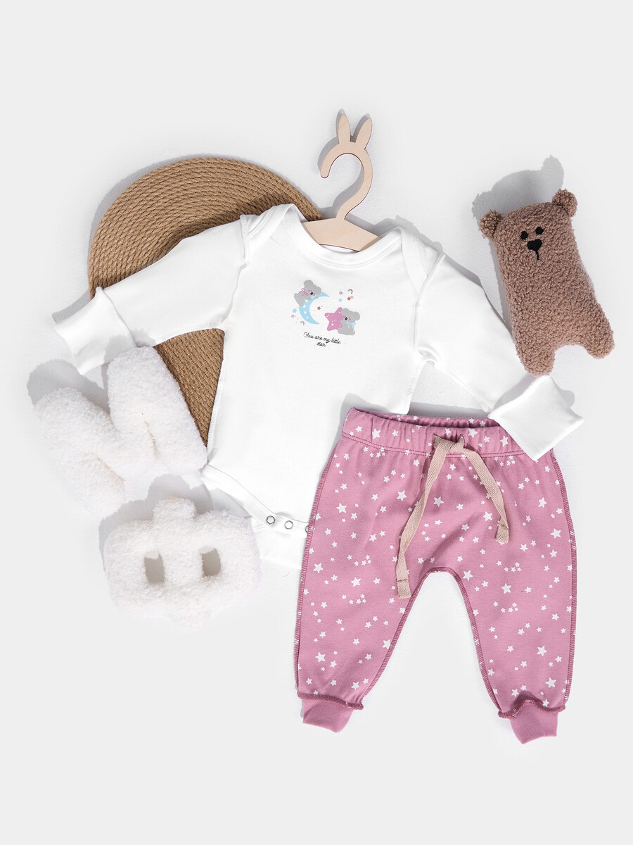 

Комплект детский с принтом: боди и ползунки, Белый;розовый;белый +звезды на кристальной розе