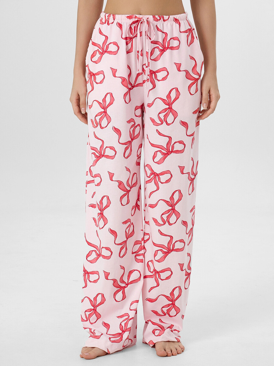 

Брюки домашние женские розовые с бантиками, Белый;бантики на вишневом