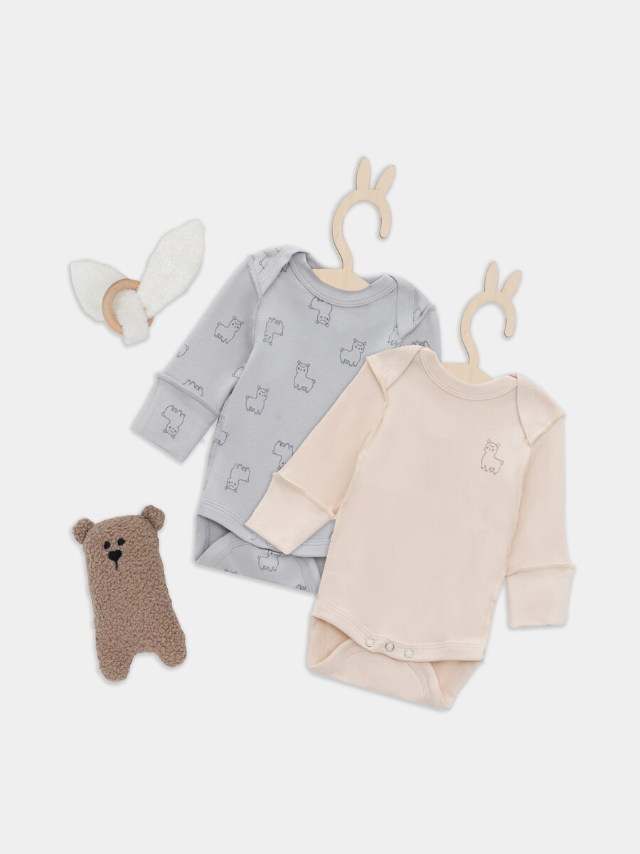 

Боди детское в наборе, 2 шт, Бежевый;серый;альпаки на сером +пудровый