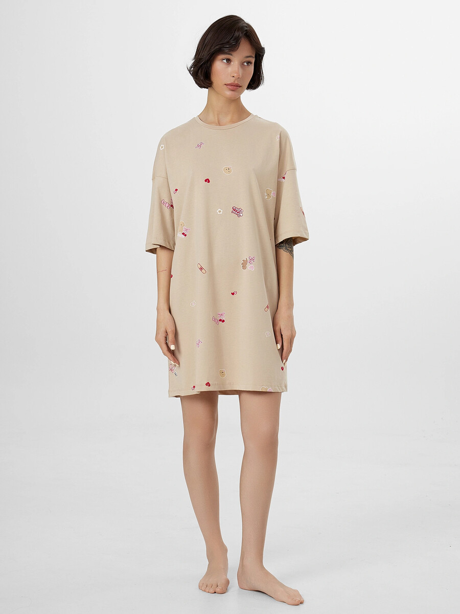 

Сорочка ночная женская с печатью, Бежевый;собачки на песочном