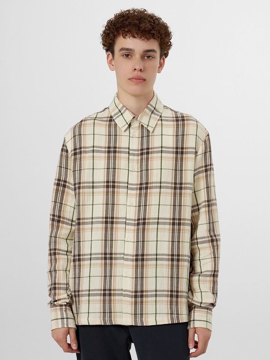 

Рубашка мужская бежевая в клетку, Бежевый;молочная клетка