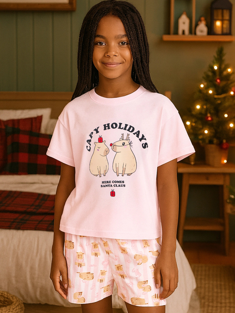 

Комплект домашний для девочек с надписью, Розовый;розовая сказка +капибары на розовой полоске