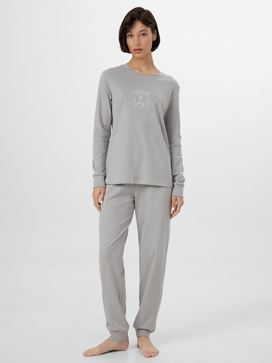 

Комплект женский домашний серый с надписью, Серый;горошек на сером