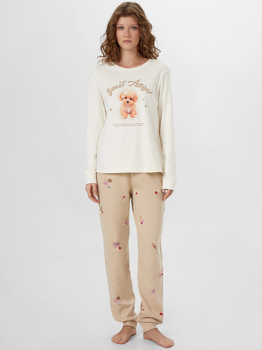 

Комплект домашний женский с надписью, Бежевый;молочный +собачки на песочном
