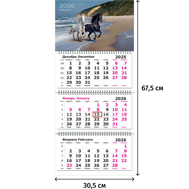 

Календарь настенный 3-х блочный 2026 Лошади 30.5x67.5 см