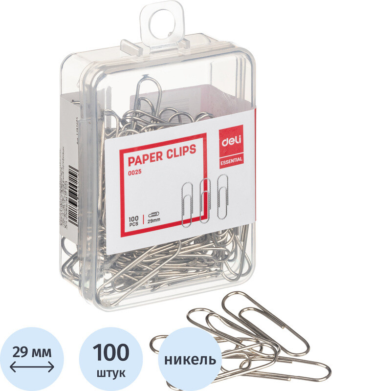 

Скрепки канцелярские 29 мм Deli E0025 металлические с никелевым покрытием (100 штук в упаковке)