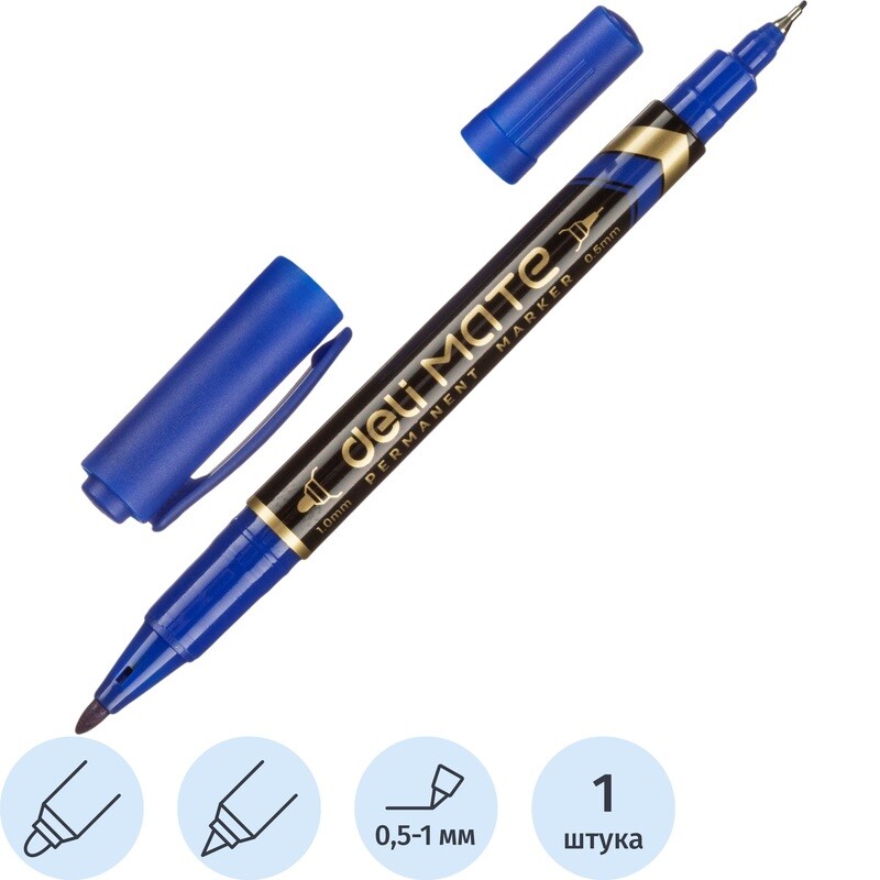 

Маркер перманентный двусторонний Deli Mate синий (толщина линии 0.5 мм, 1 мм) круглый/игольчатый наконечник