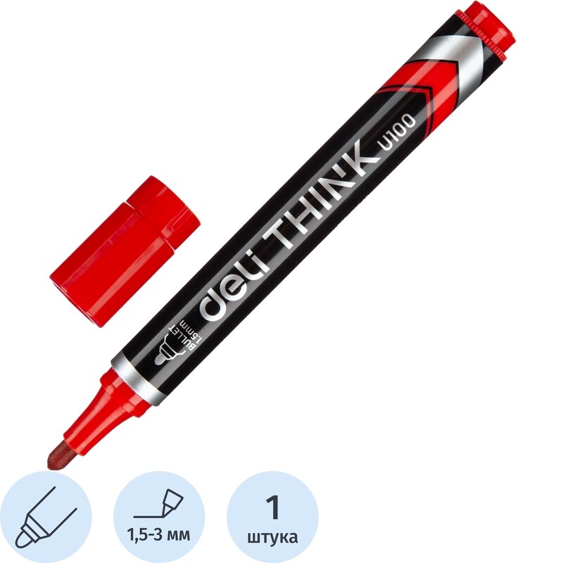 

Маркер перманентный Deli Think EU10040 красный (толщина линии 1.5-3 мм) круглый наконечник