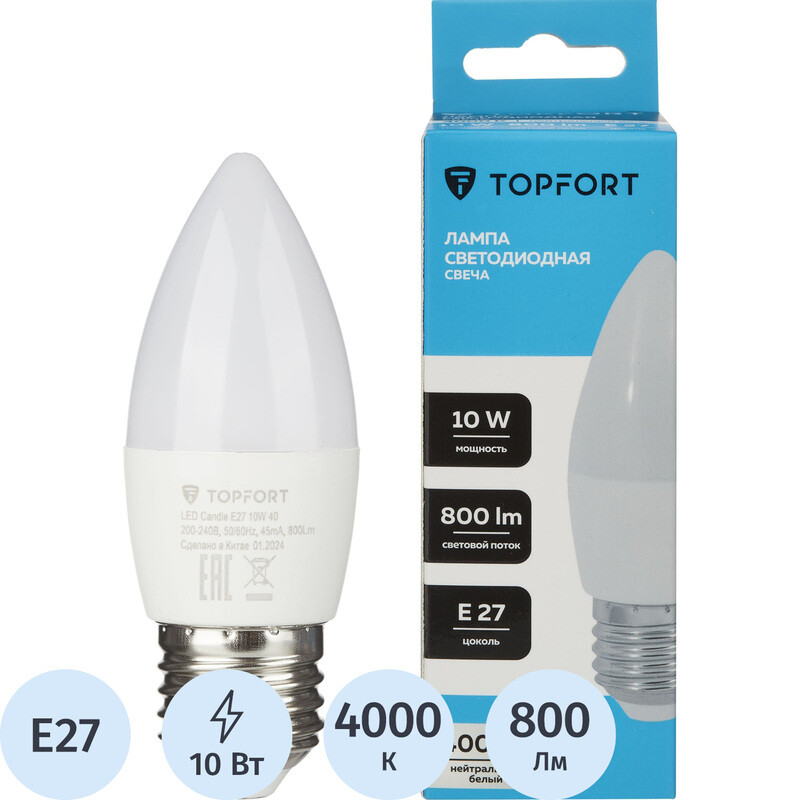 

Лампа светодиодная TOPFORT 10 Вт E27 C 4000 К 800 Лм матовая