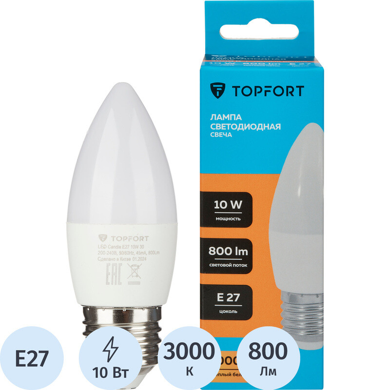 

Лампа светодиодная TOPFORT 10 Вт E27 C 3000 К 800 Лм матовая