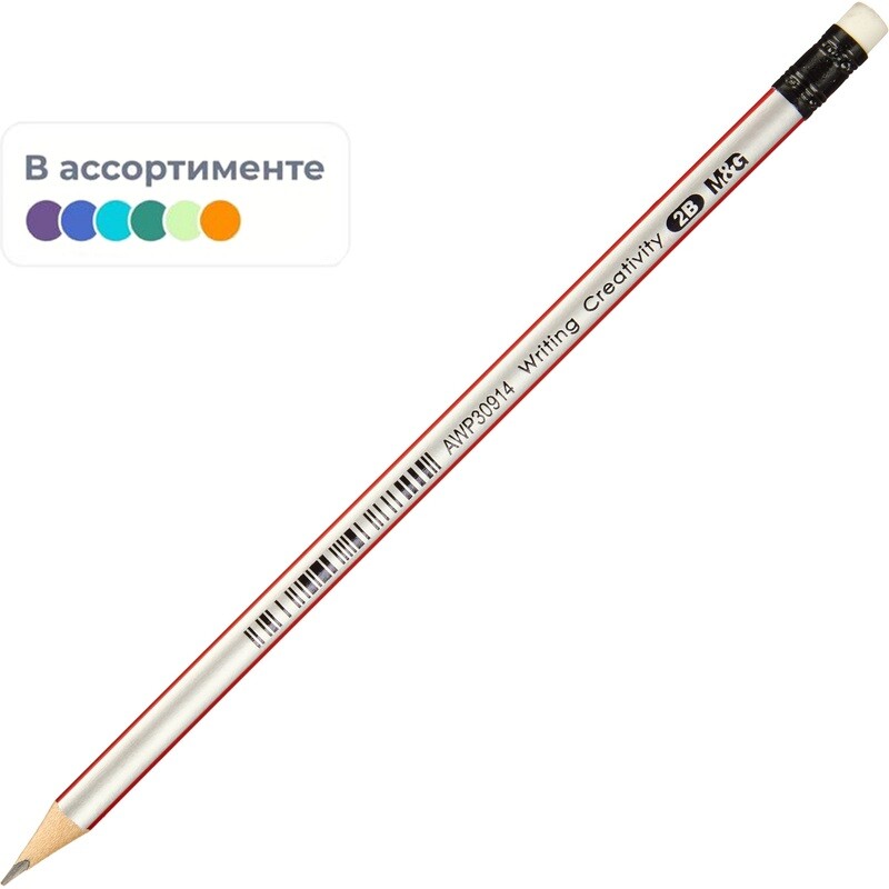 

Карандаш чернографитный деревянный 2B с ластиком M&G заточенный трехгранный