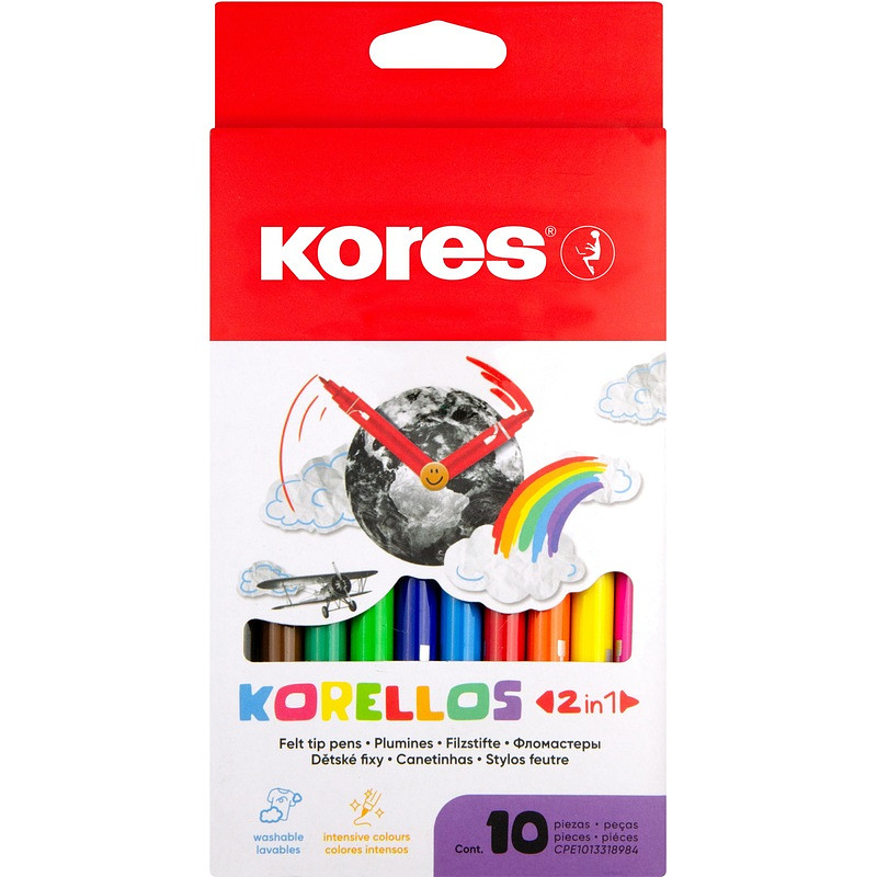 

Фломастеры двухсторонние Kores Korellos 10 цветов с вентилируемыми колпачками смываемые
