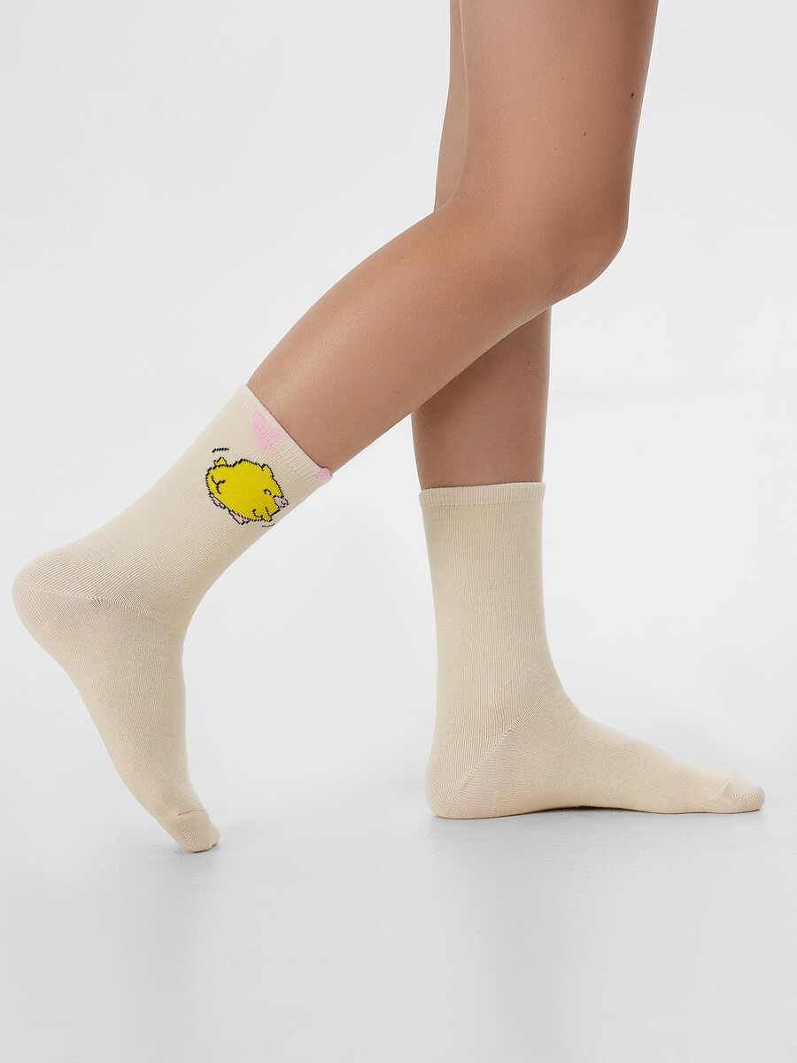

Носки детские бежевые с рисунком в виде цыпленка, Бежевый;нюдовый