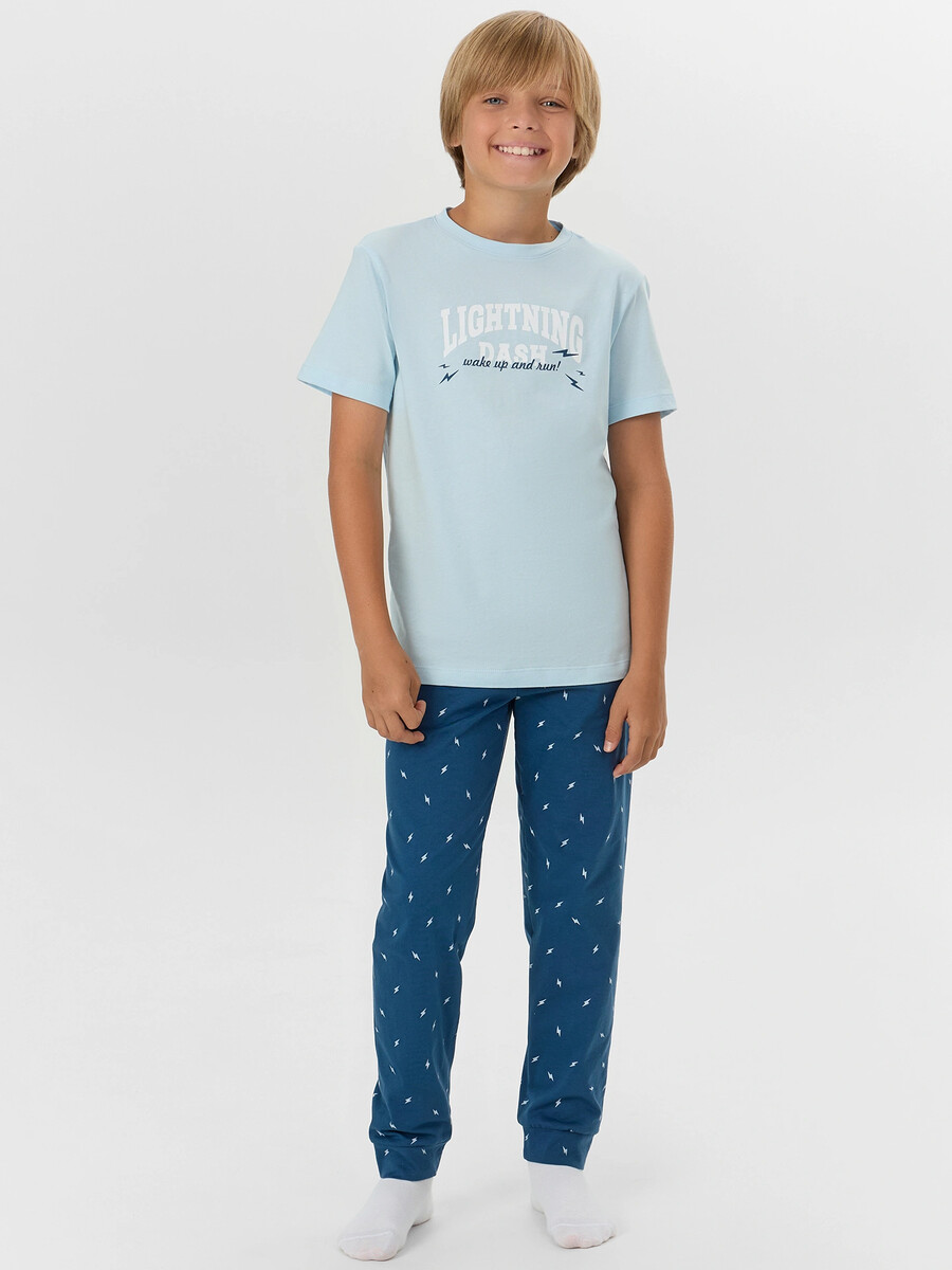 

Комплект домашний для мальчиков с надписью, Голубой;голубое небо +молнии на синем