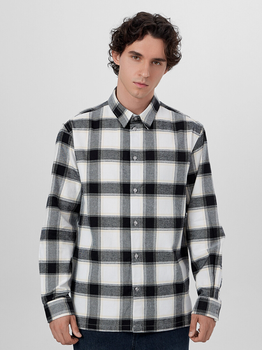 

Рубашка мужская в серую клетку, Белый;серая клетка с охристой полоской
