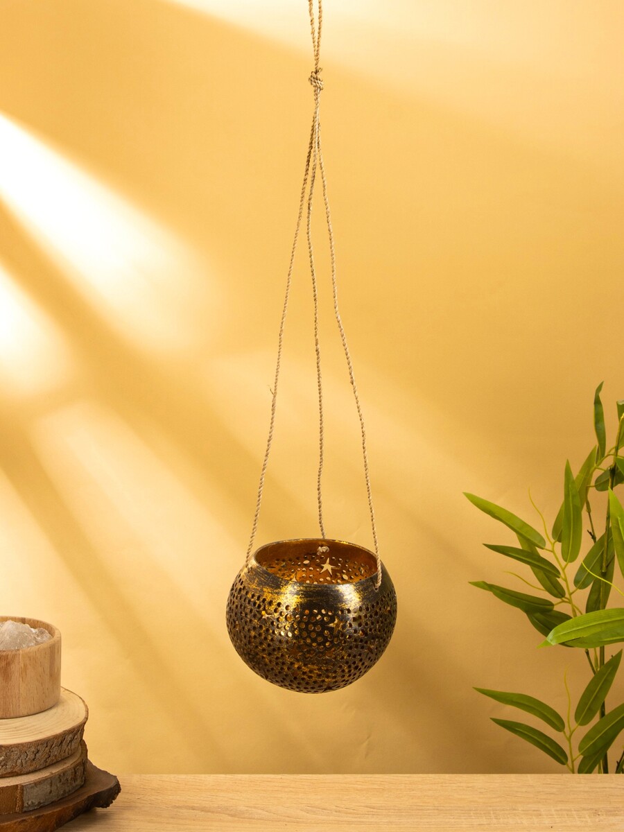 

Подсвечник подвесной из кокоса, 14×14×10 см, черно-золотой, Черный;золотистый