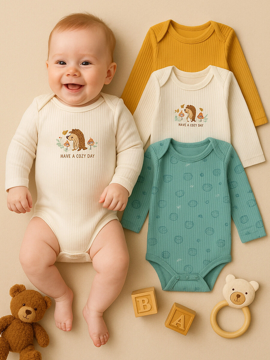 

Боди детское в наборе, 3 шт, Голубой;желтый;звездно-белый +ежики на мяте +золотой мед