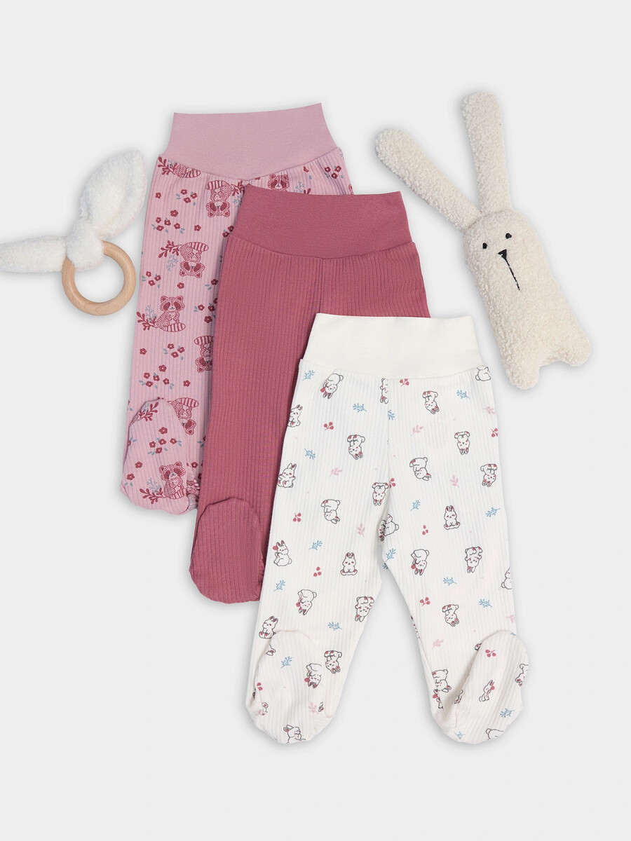 

Ползунки детские в наборе, 3 шт, Белый;розовый;зайчики на зв.белом +цветочные еноты на п.роз +дымч.роза