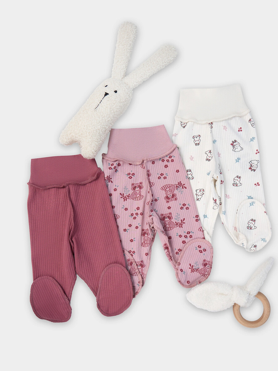 

Ползунки детские в наборе, 3 шт, Белый;розовый;зайчики на зв.белом +цветочные еноты на п.роз +дымч.роза