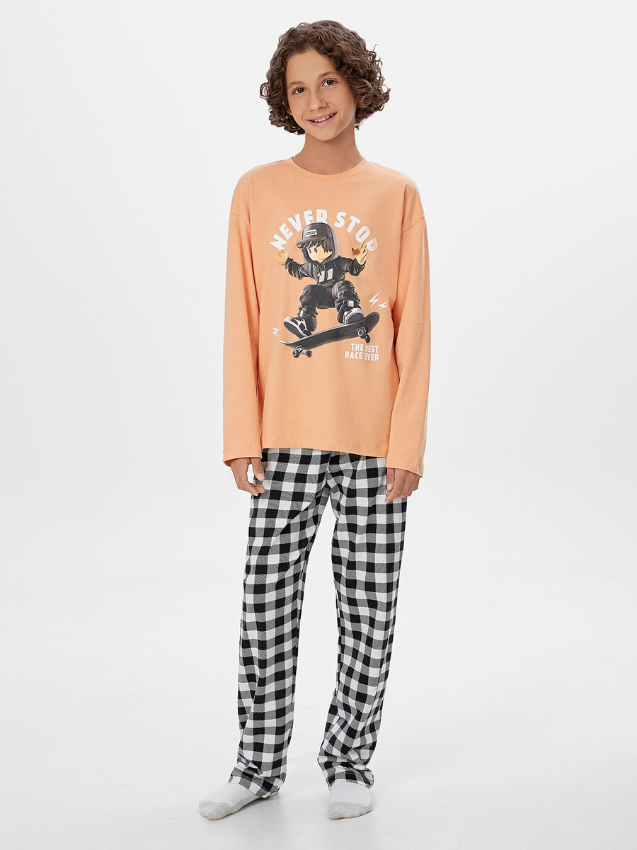 

Комплект для мальчиков с надписью, Бежевый;черный;персик ++ч/б клетка