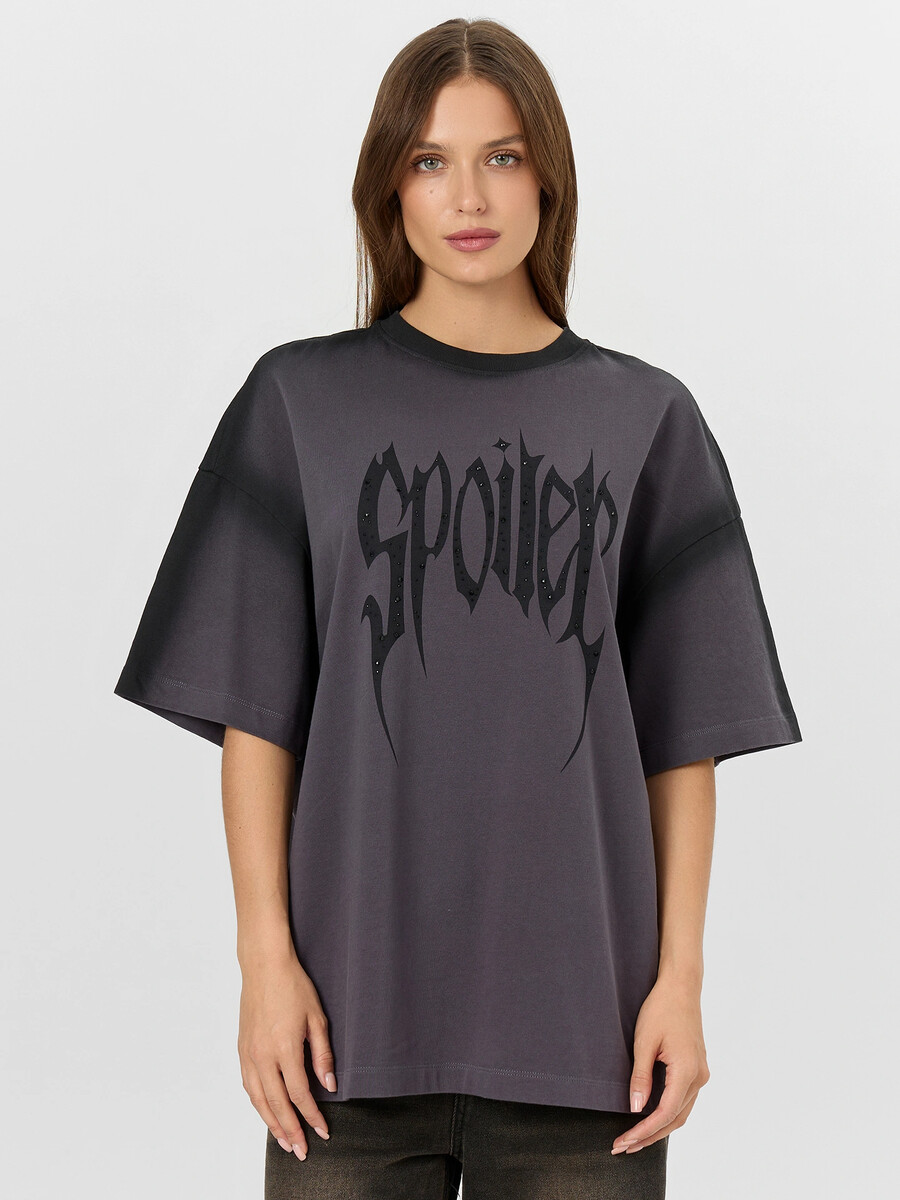 

Футболка женская черная с обработкой эйсид, Серый;acid wash металлический