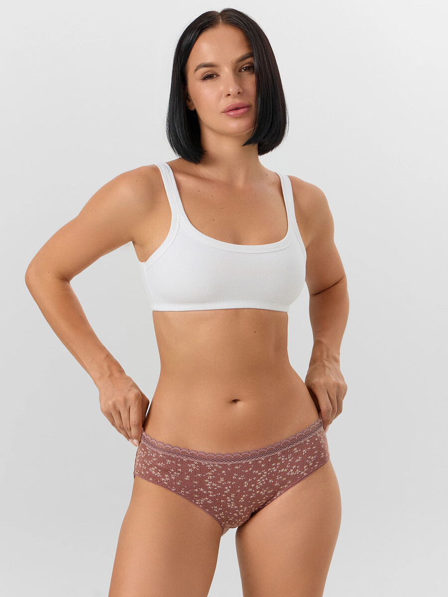 

Трусы слипы женские розовые с кружевом, Коричневый;цветочки на кофейно -розовом