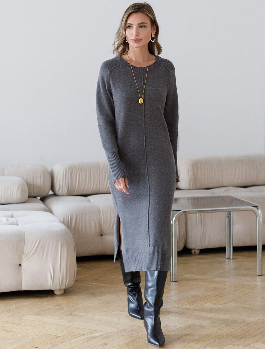 

Платье вязаное, Серый;темно-серый меланж