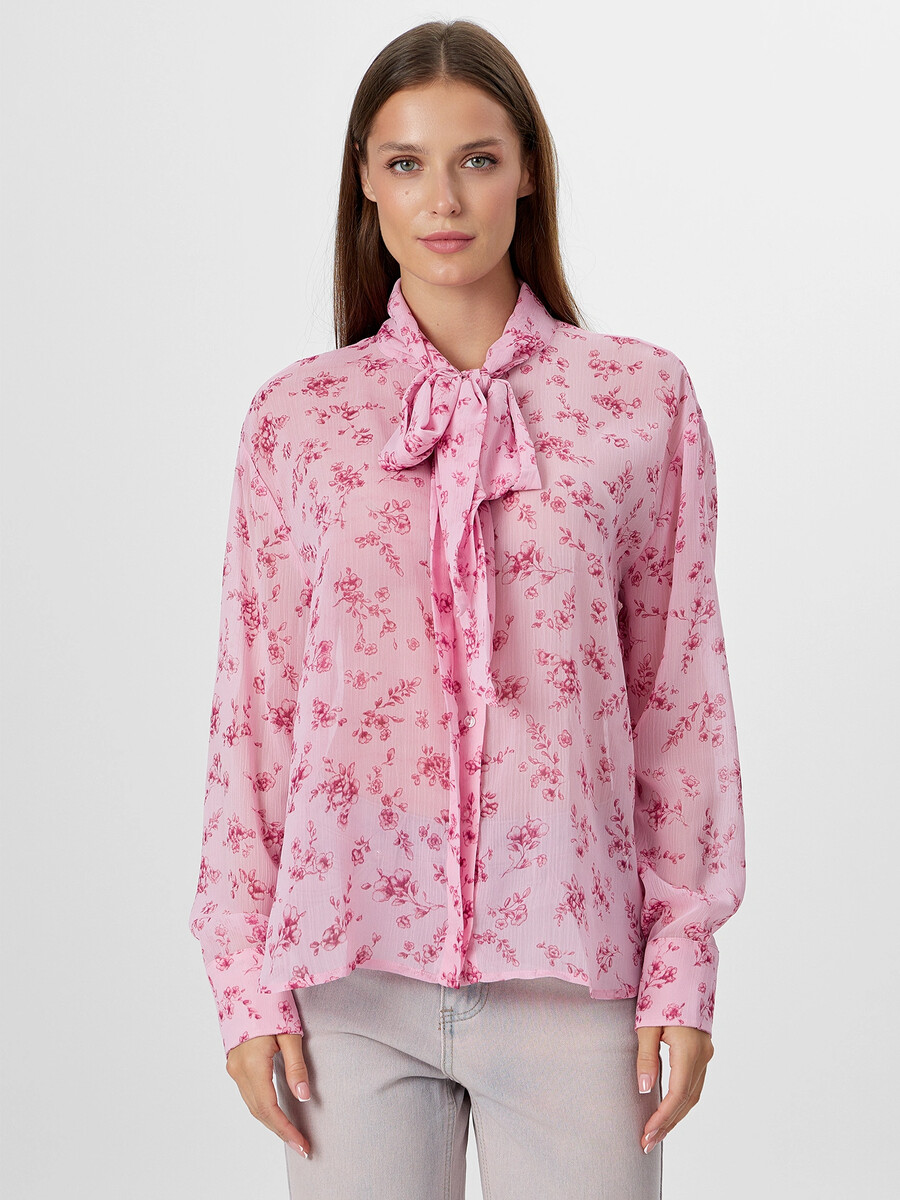 

Блузка женская полупрозрачная розовая, Розовый;цветочки на св.сирени