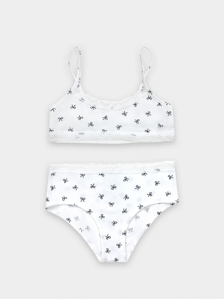 

Комплект для девочек белый с принтом бантики, Белый;бантики на белоснежном