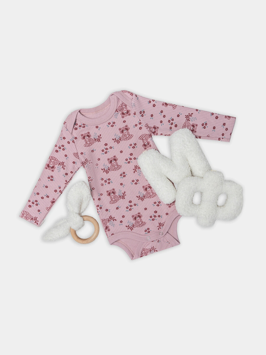 

Боди детское розовое с узором еноты, Розовый;цветочные еноты на п.розовом