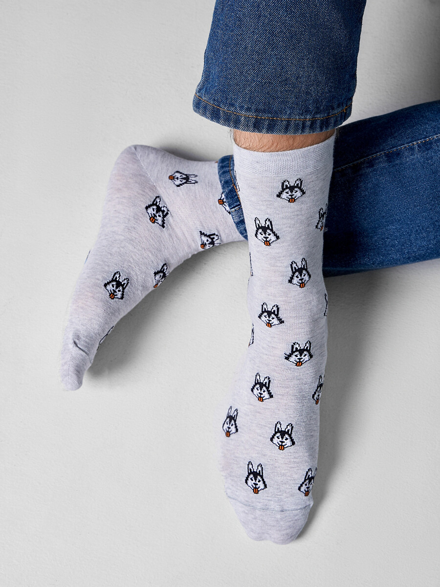 

Носки мужские серые с узором в виде хаски, Серый;св.серый меланж