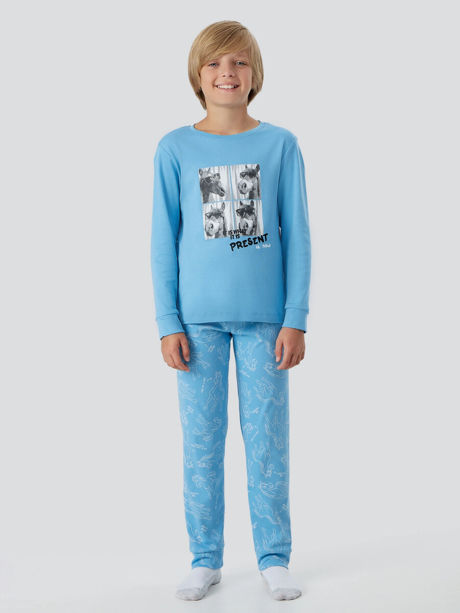 

Комплект домашний для мальчиков голубой с надписью, Голубой;голубой +лошадки на голубом