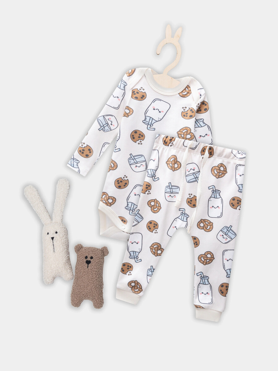 

Комплект детский (боди, ползунки), Белый;печеньки/молочко на молочном