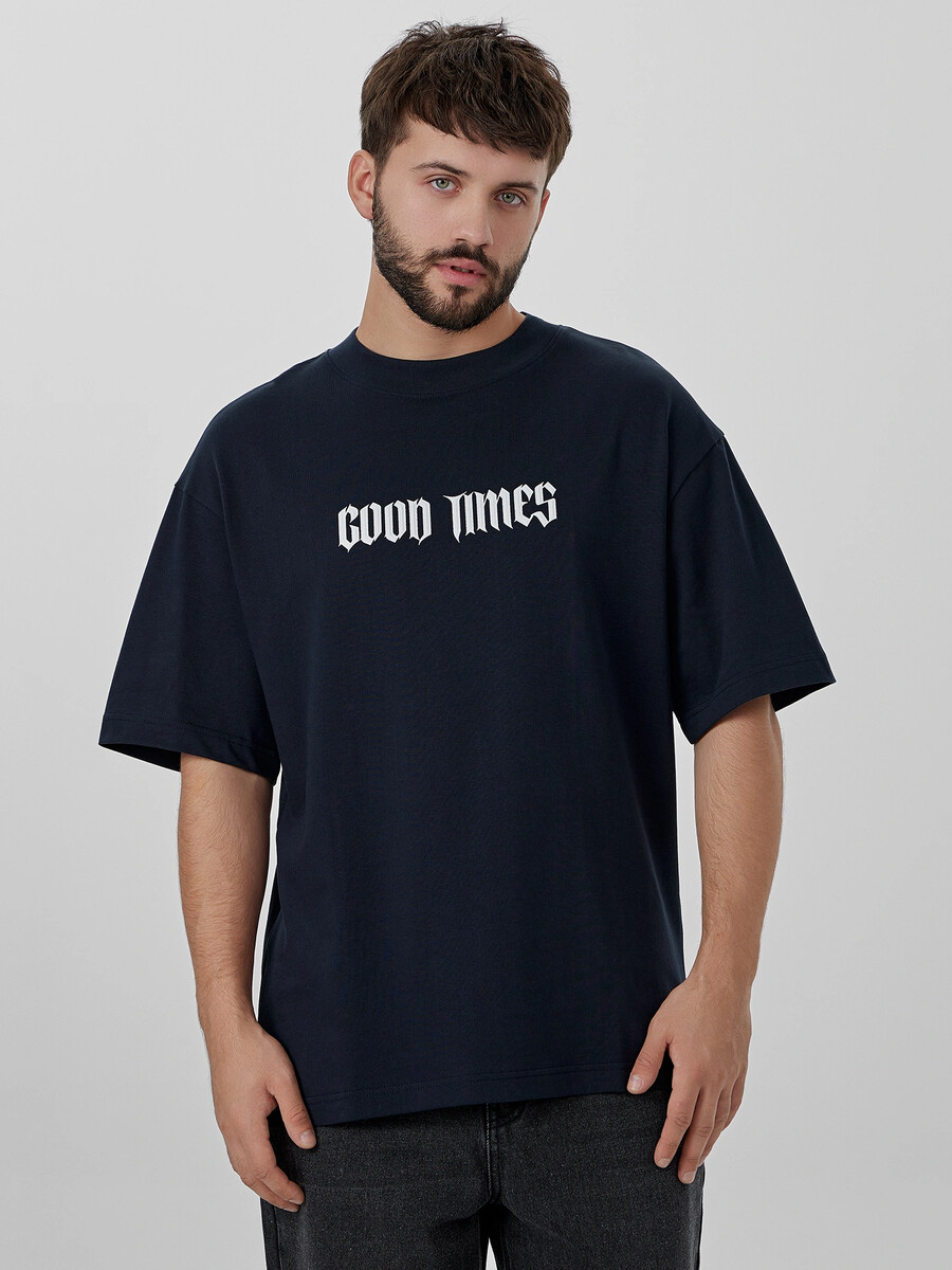 

Футболка мужская синяя с надписью, Синий;неви +печать1