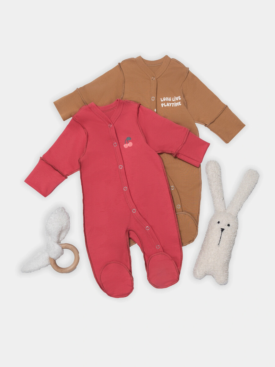 

Комбинезон нательный детский (2шт.), Коричневый;розовый;песочный +кисельный +печать